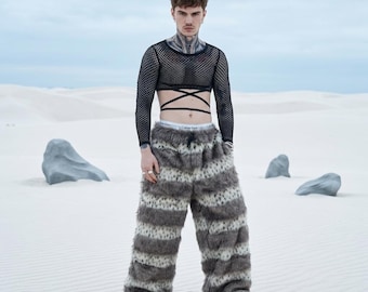 Broek van imitatiebont met lynxprint, joggingbroek met sneeuwluipaardprint, ravebroek met dierenprint, outfit Playa Desert-festival