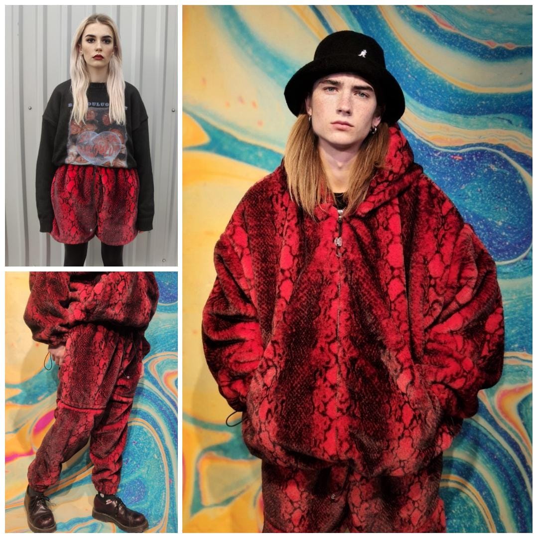BURNINGS SHO python fur jacket V系 y2k Red Snake Hoodie Faux Fur