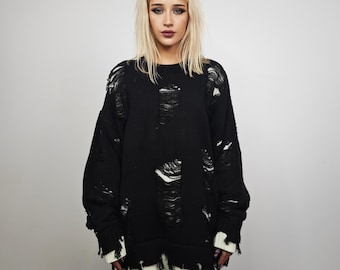 Black Ripped Distressed Sweater, Double Layer Grunge Knit Jumper, Oversize Destroyed Pullover, Unisex Gothic Alt Streetwear Top