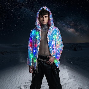 Playa-huvtröja med självlysande effekt, skimrande LED-jacka med paljetter, överdimensionerade ytterkläder för ökenfestivaler, lila Y2K-tröja med cyberravemönster