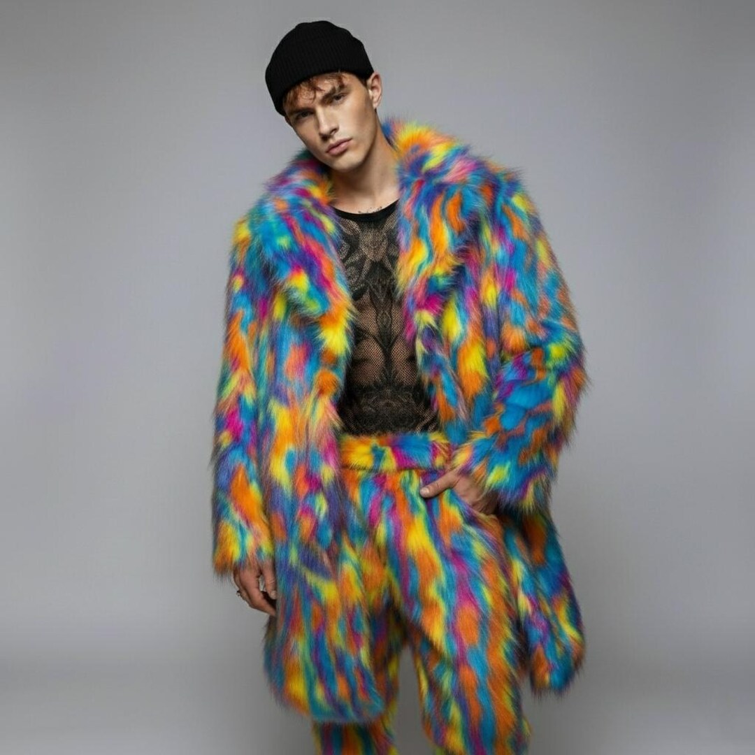 ジャケット・アウター neon sign 18AW BAL COLLAR COAT 46 Psychedelic Faux Fur Coat, Neon Parrot Trench, 70s Disco Festival