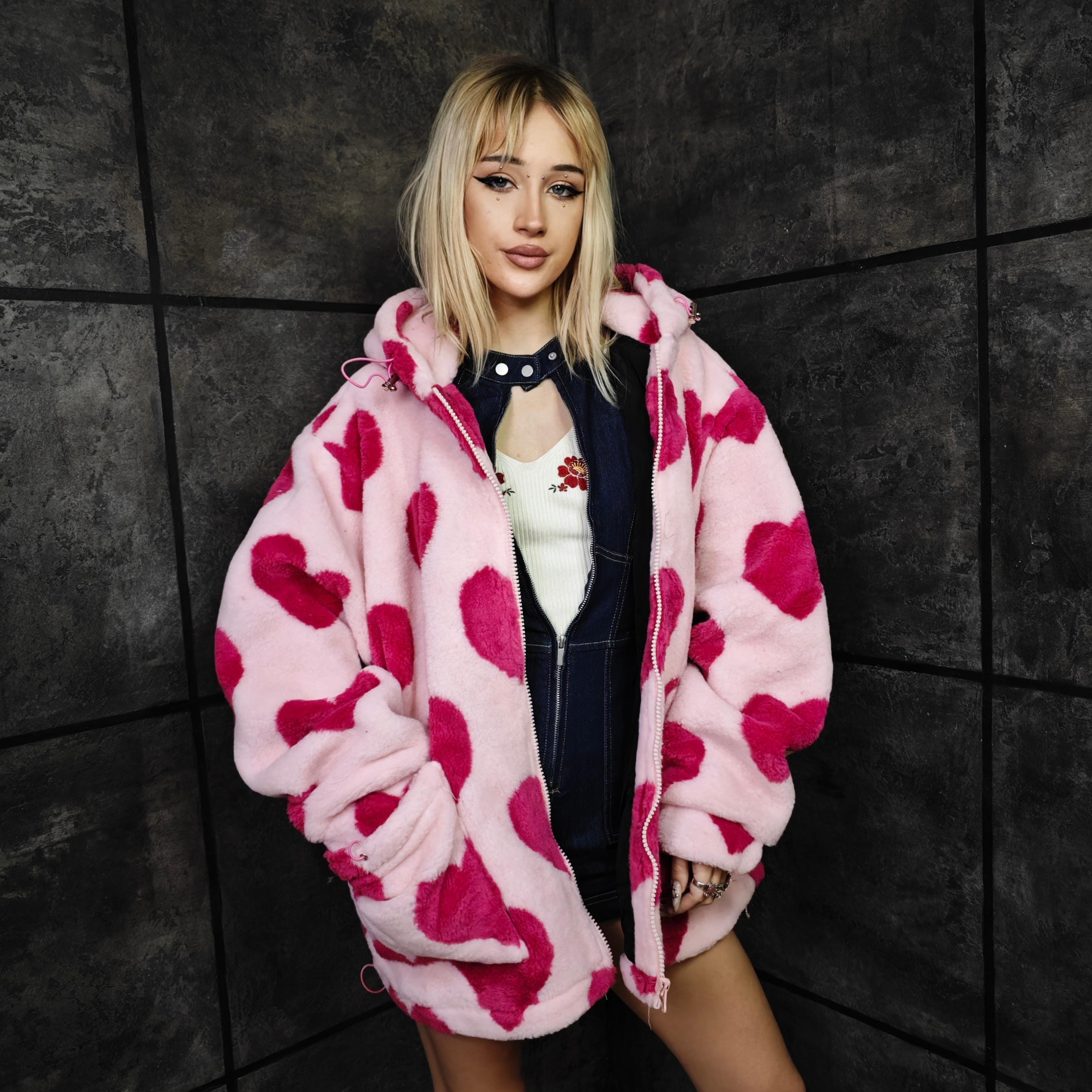 Pink Heart Fleece Jacket, Oversized Mens Hoodie, Harajuku