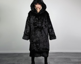 Extreme Black Faux Fur Coat Long Fluffy Half Zip Gothic Overcoat