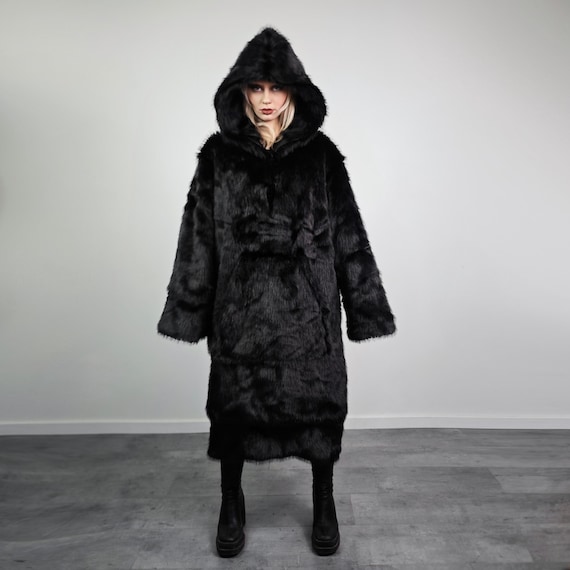 Extreme Black Faux Fur Coat Long Fluffy Half Zip Gothic Overcoat