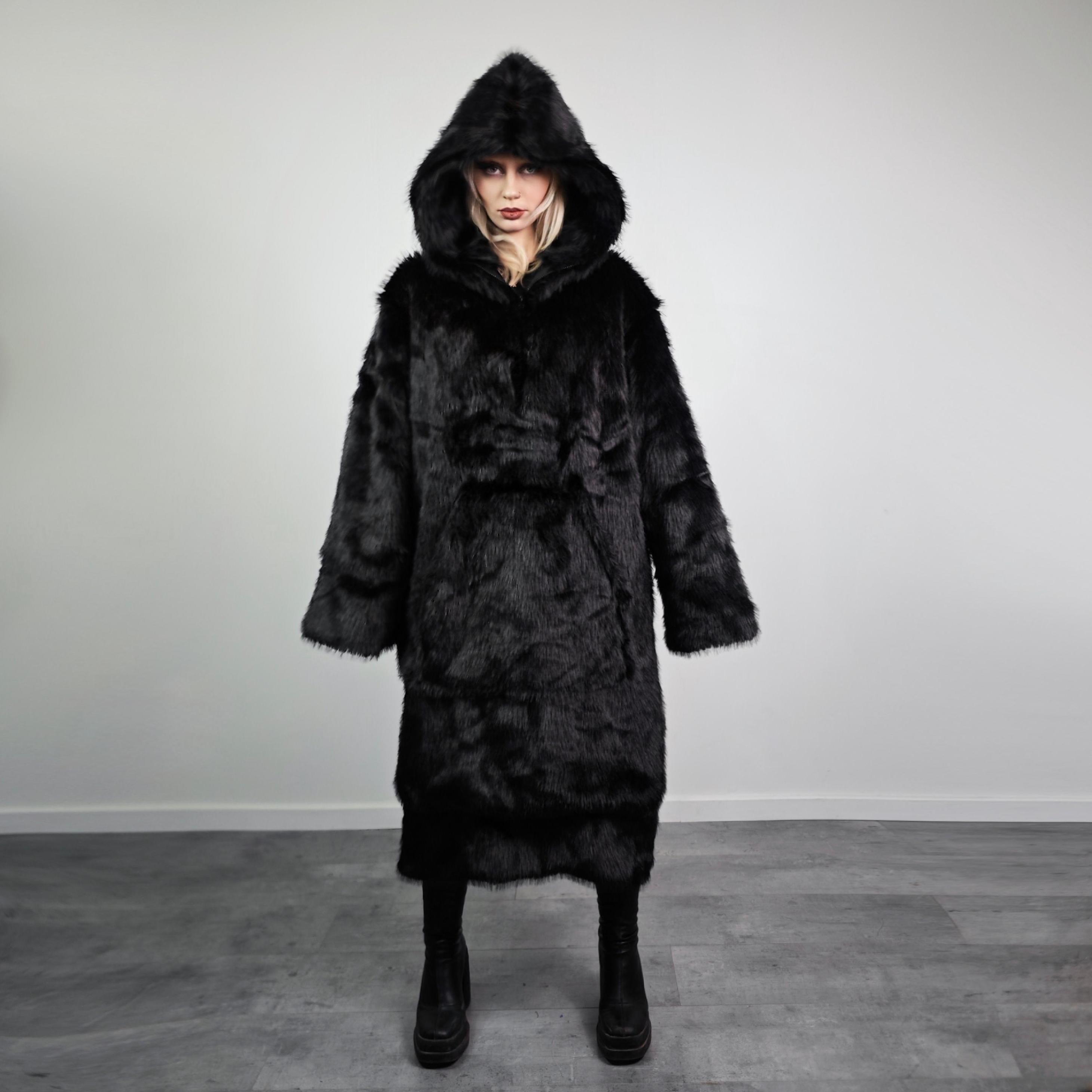 Extreme Black Faux Fur Coat Long Fluffy Half Zip Gothic Overcoat