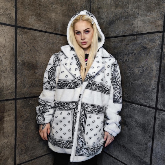 Paisley Fleece Coat White Bandana Trench Detachable Jacket Cashew