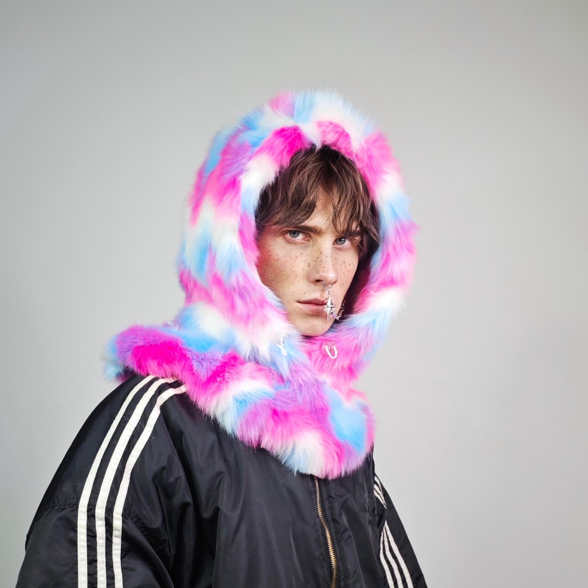 Pink Faux Fur Hood Rainbow Snood Handmade Hooded Party Hat All