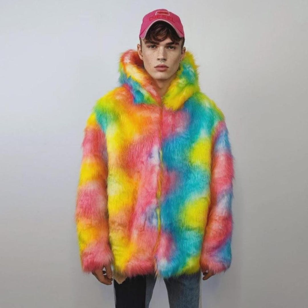 Hooded Rainbow Fur Jacket Unicorn Bomber Neon Raver Puffer Fluffy Tie ...