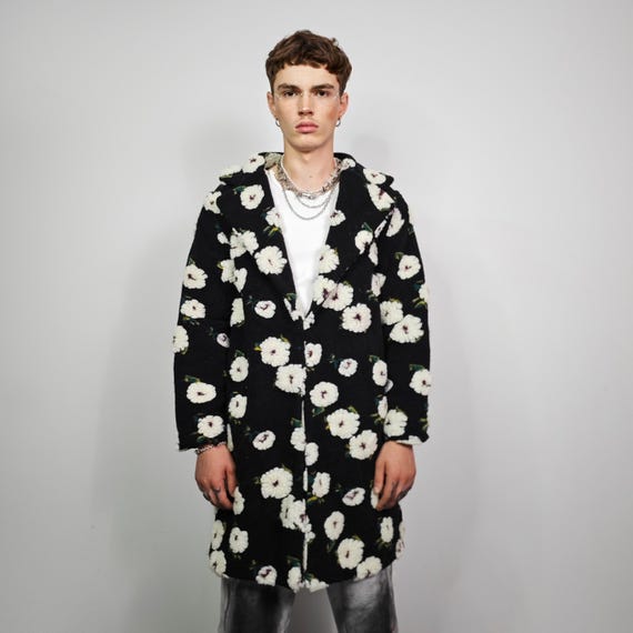 Floral Sherpa Teddy Coat: Black & White Fleece Trench - Unisex