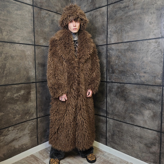 Brown Shaggy Faux Fur Duster, Floor Length Alpaca Style Yeti Coat