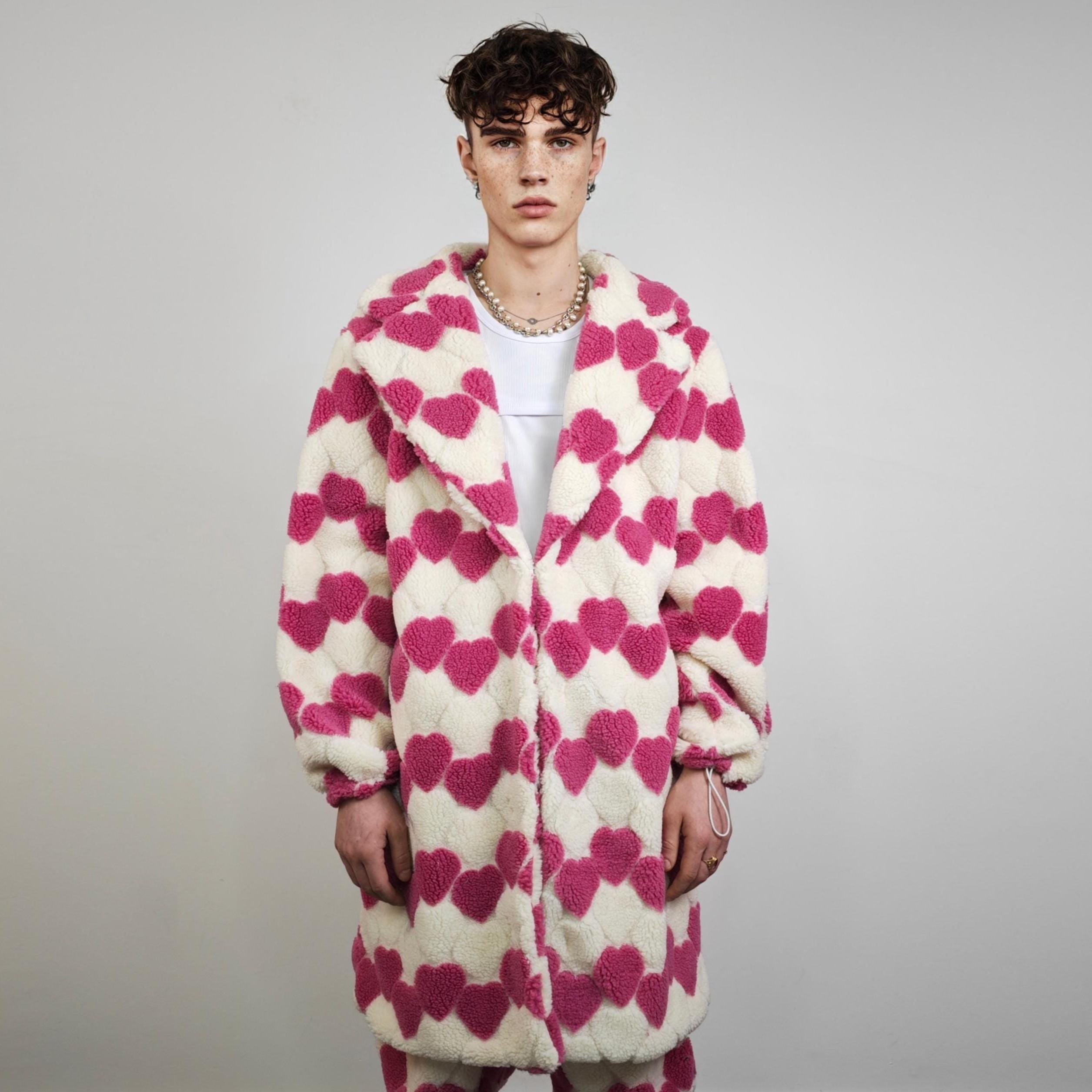 Heart Fleece Coat Pink, Long Hooded Love Pattern Jacket, Cream