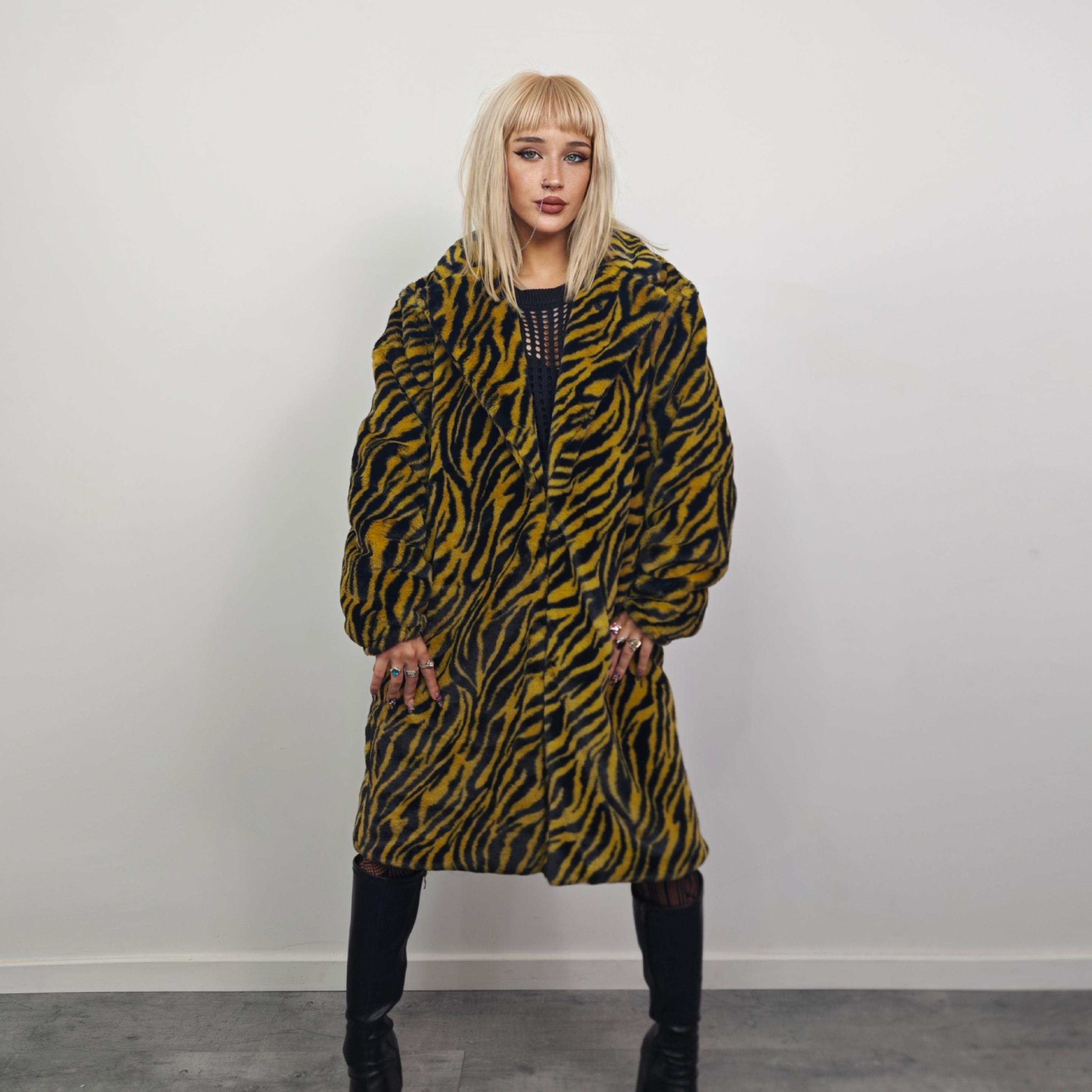 Yellow Tiger Stripe Faux Fur Coat, Plush Velvet Feel Trench