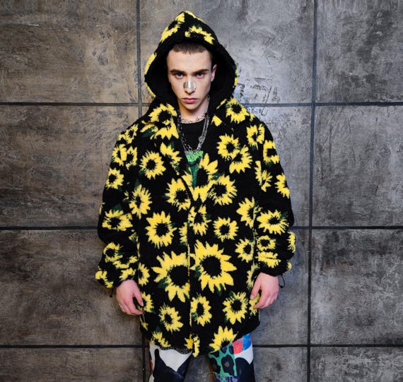 Sunflower Fleece Coat Yellow Black Floral Festival Trench Daisy