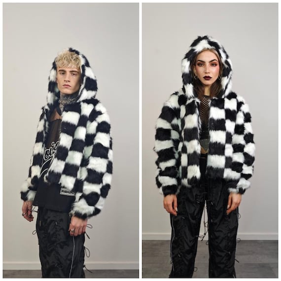SKA Check Faux Fur Coat Black White Checkered Collarless Jacket