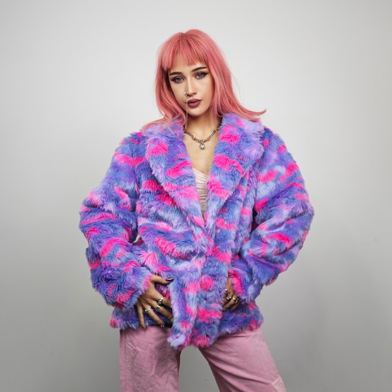 Purple Pink Faux Fur Hooded Coat, Rave Statemen Trench, Club
