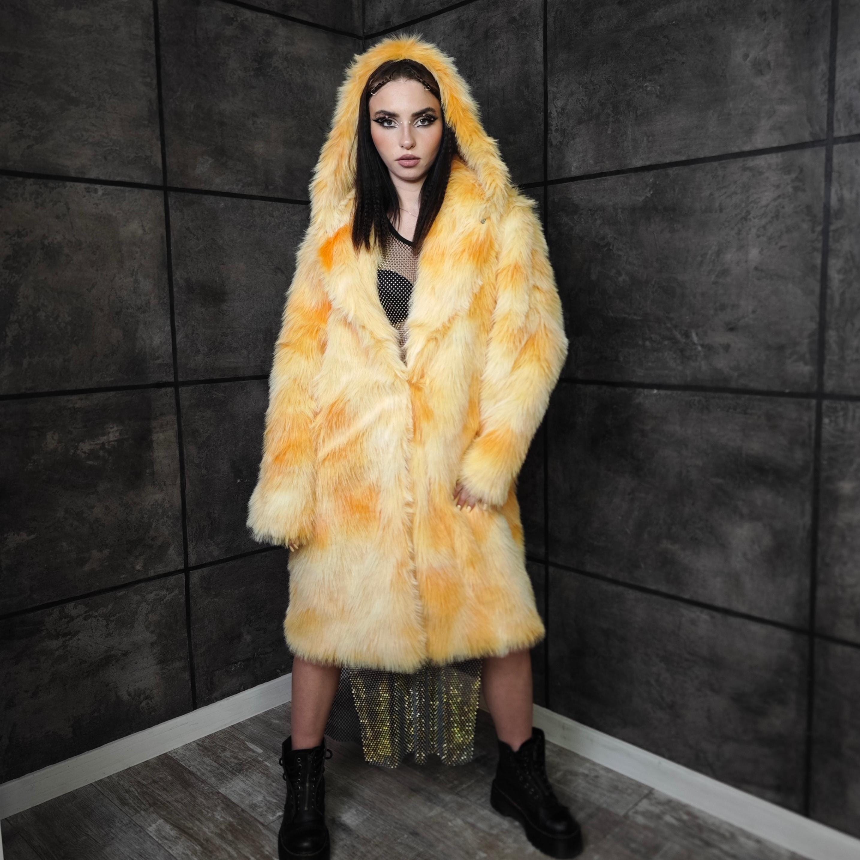 ジャケット・アウター NOTRE emor wave silhouette fluffy coat Tie-dye Faux Fur Coat Yellow Bright Fluffy Festival Trench Fuzzy