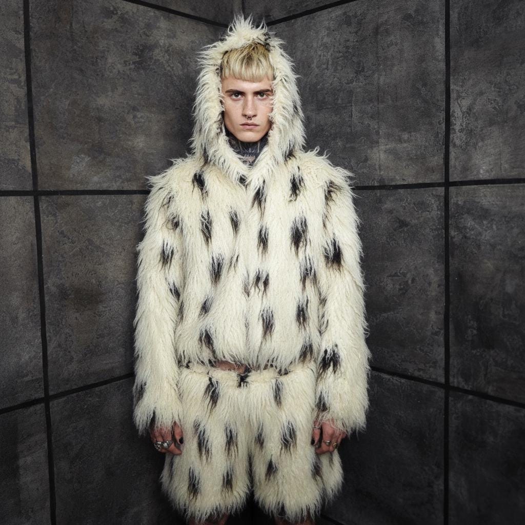 Speckled Faux Fur Coat Shaggy White Black Spotted Oversize Trench