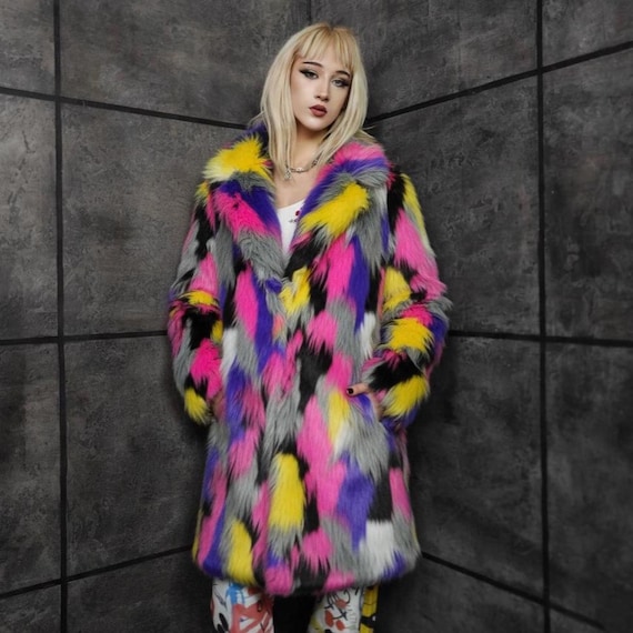 Shaggy Faux Fur Jungle Coat, Unisex Rainbow Exotic Trench