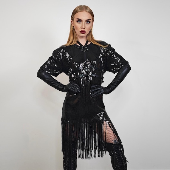 green emerald velvet dress Women's Sequin Fringe Dress