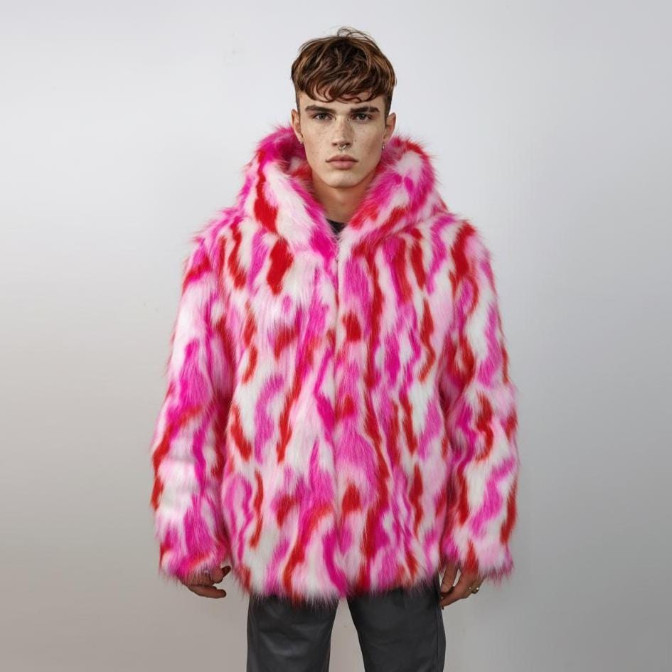 Pink Red Striped Faux Fur Hooded Jacket, Neon Zebra Raver Bomber