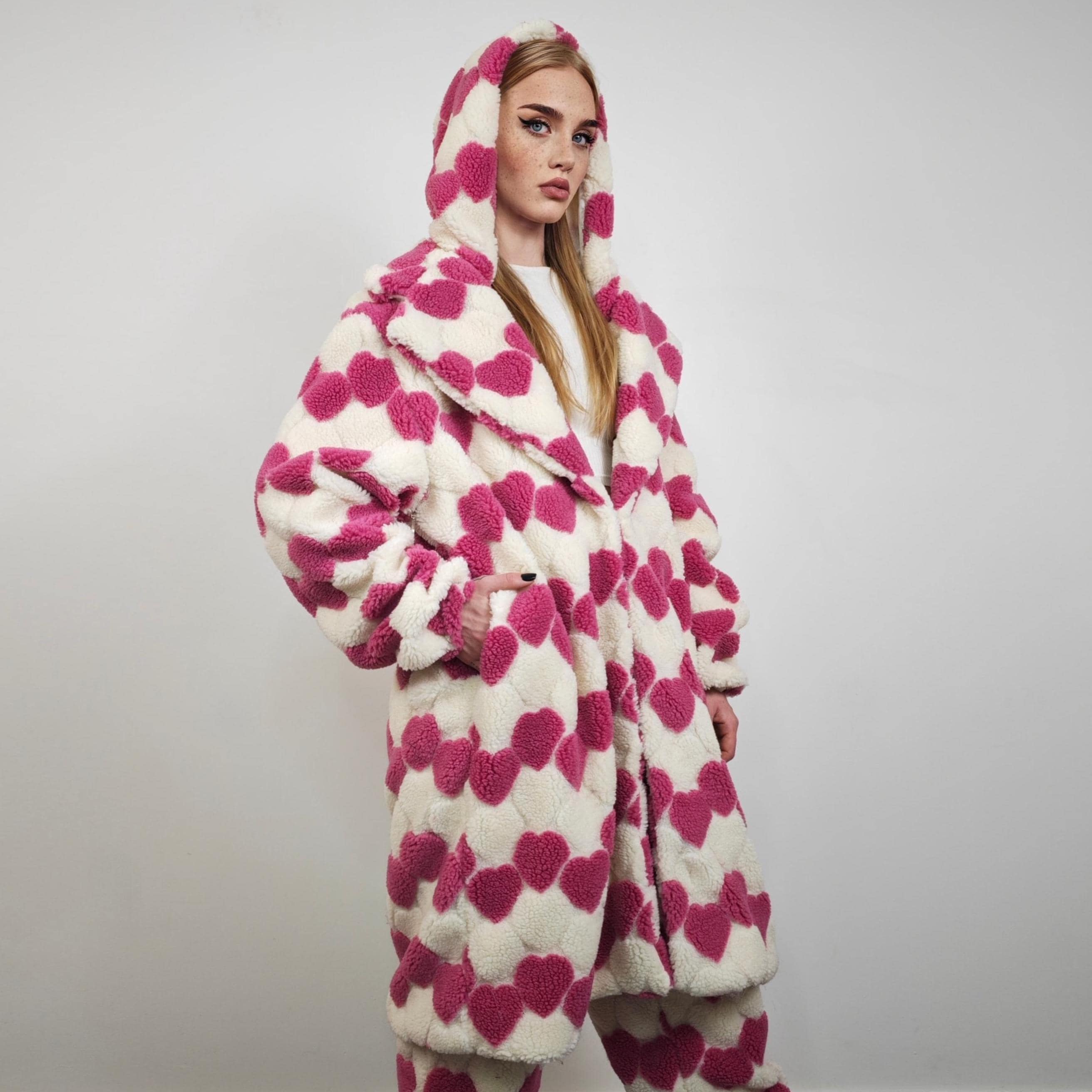 Heart Fleece Coat Pink, Long Hooded Love Pattern Jacket, Cream