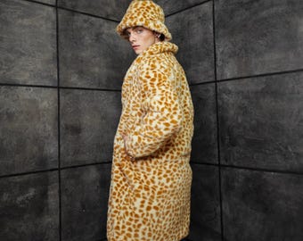 Psychedelic Giraffe Orange Faux Fur Trench Coat, Long Festival