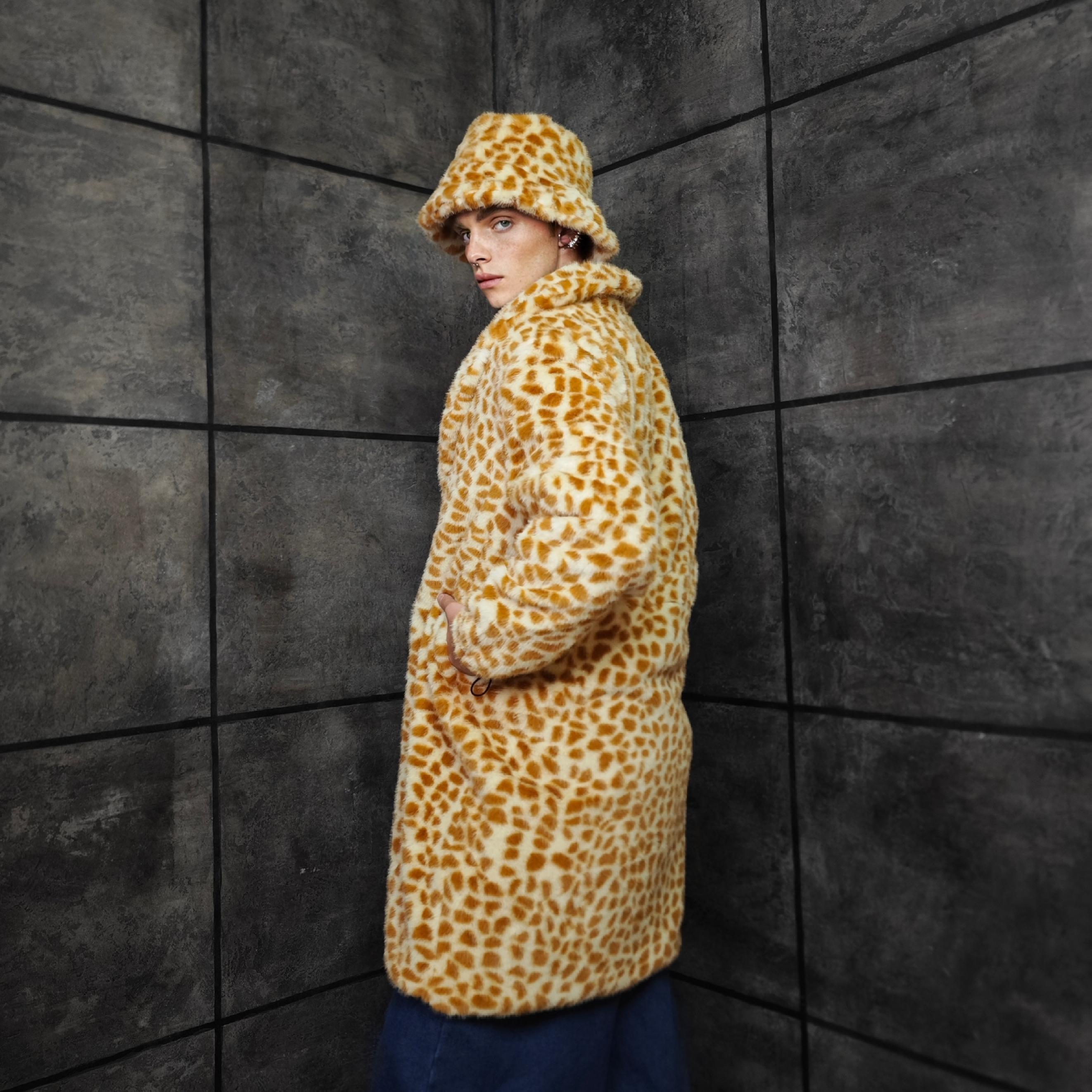 Psychedelic Giraffe Orange Faux Fur Trench Coat, Long Festival