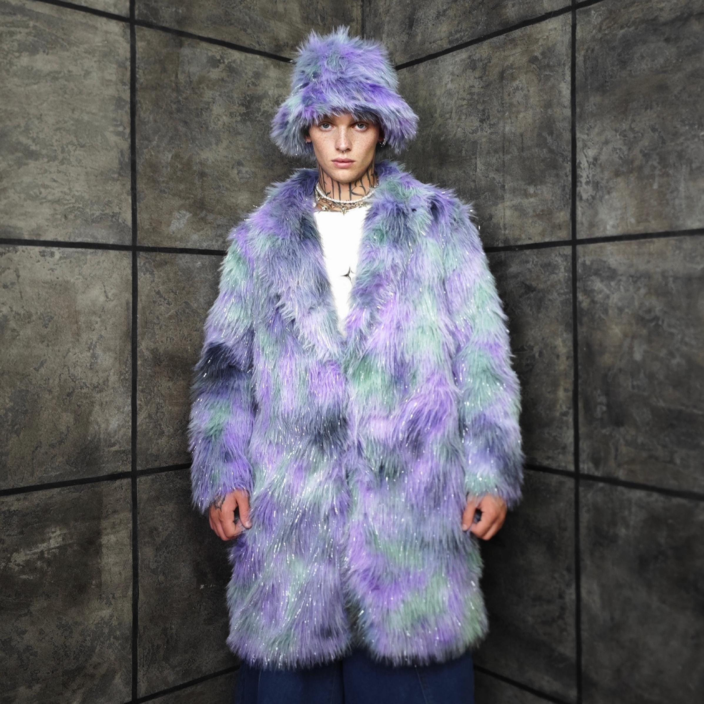 Shaggy Glitter Faux Fur Coat Tie Dye Tinsel Trench Purple Green