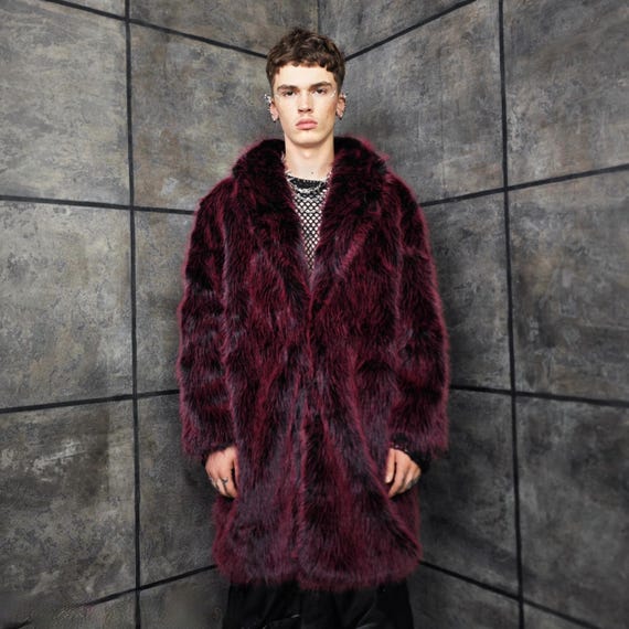 Luminous Dark Red Faux Fur Coat Shaggy Oversize Trench Unisex