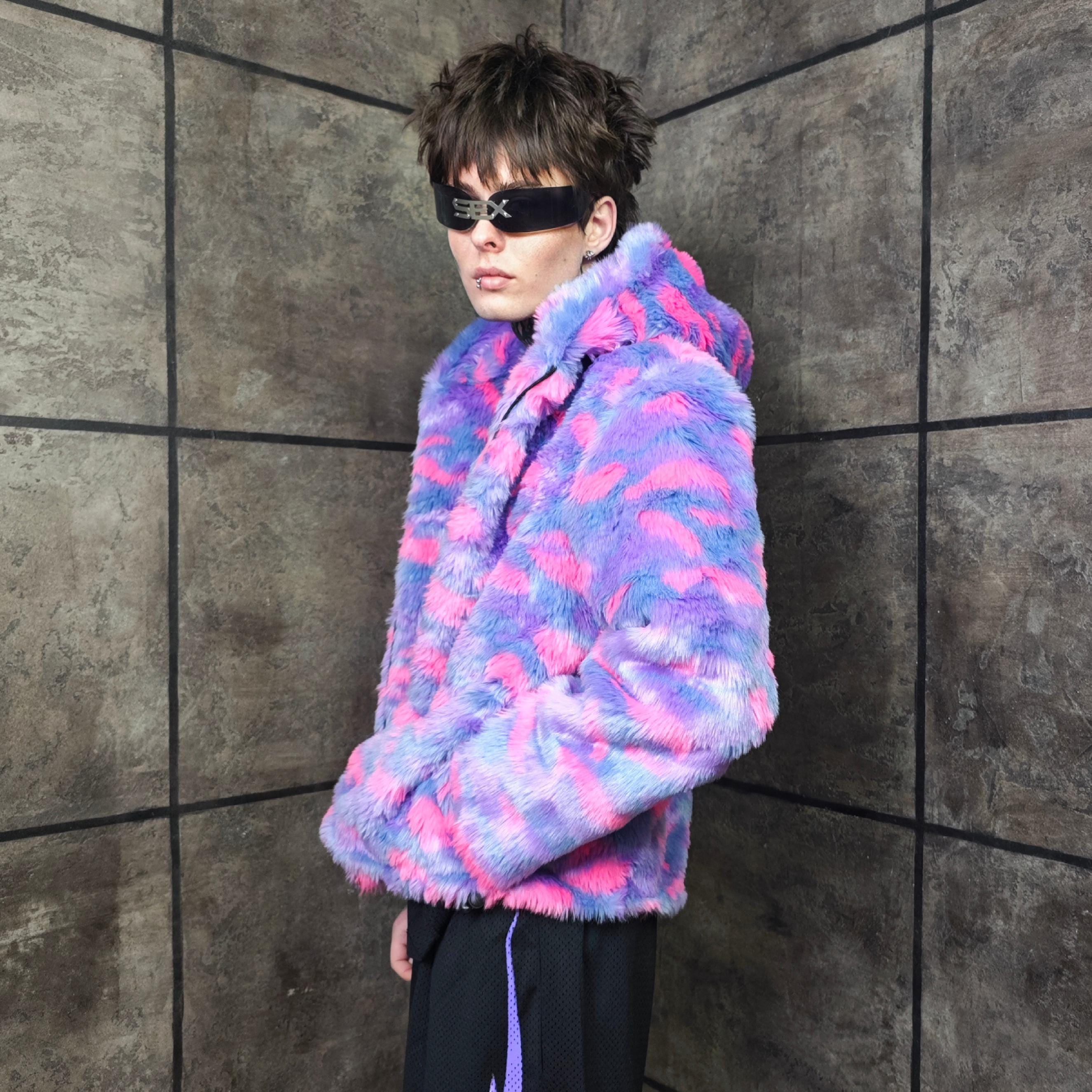 ジャケット・アウター 00s super lovers gimmick fur jacket punk Purple Faux Fur Hoodie, Neon Pink Camo Jacket, Rave Festival