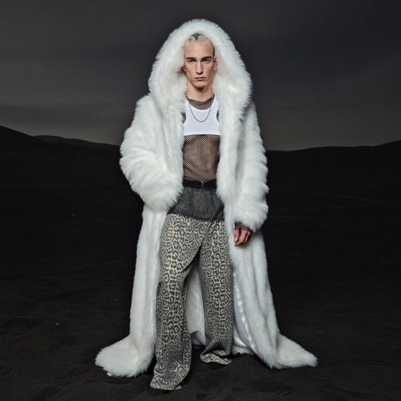 Bohemian White Faux Fur Coat Floor Length Festival Jacket, Hooded Rave Outerwear, Playa Desert Statement Cloak, Custom Made Cape