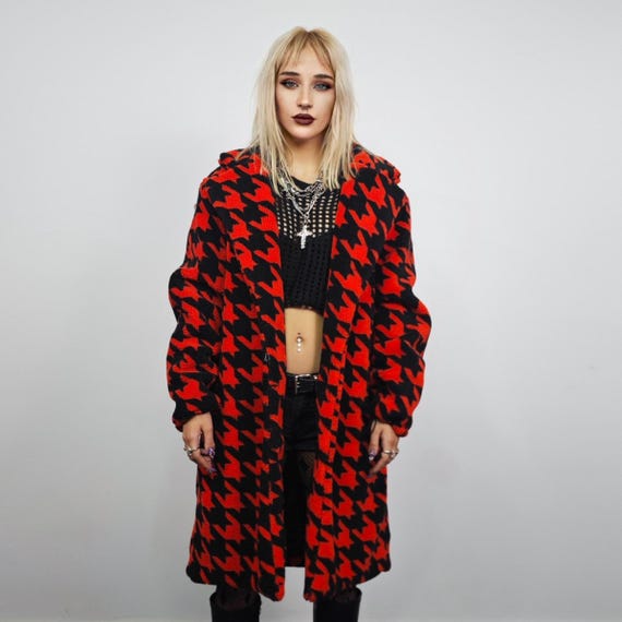Oversized Red Black Plaid Check Trench Coat, Teddy Fleece