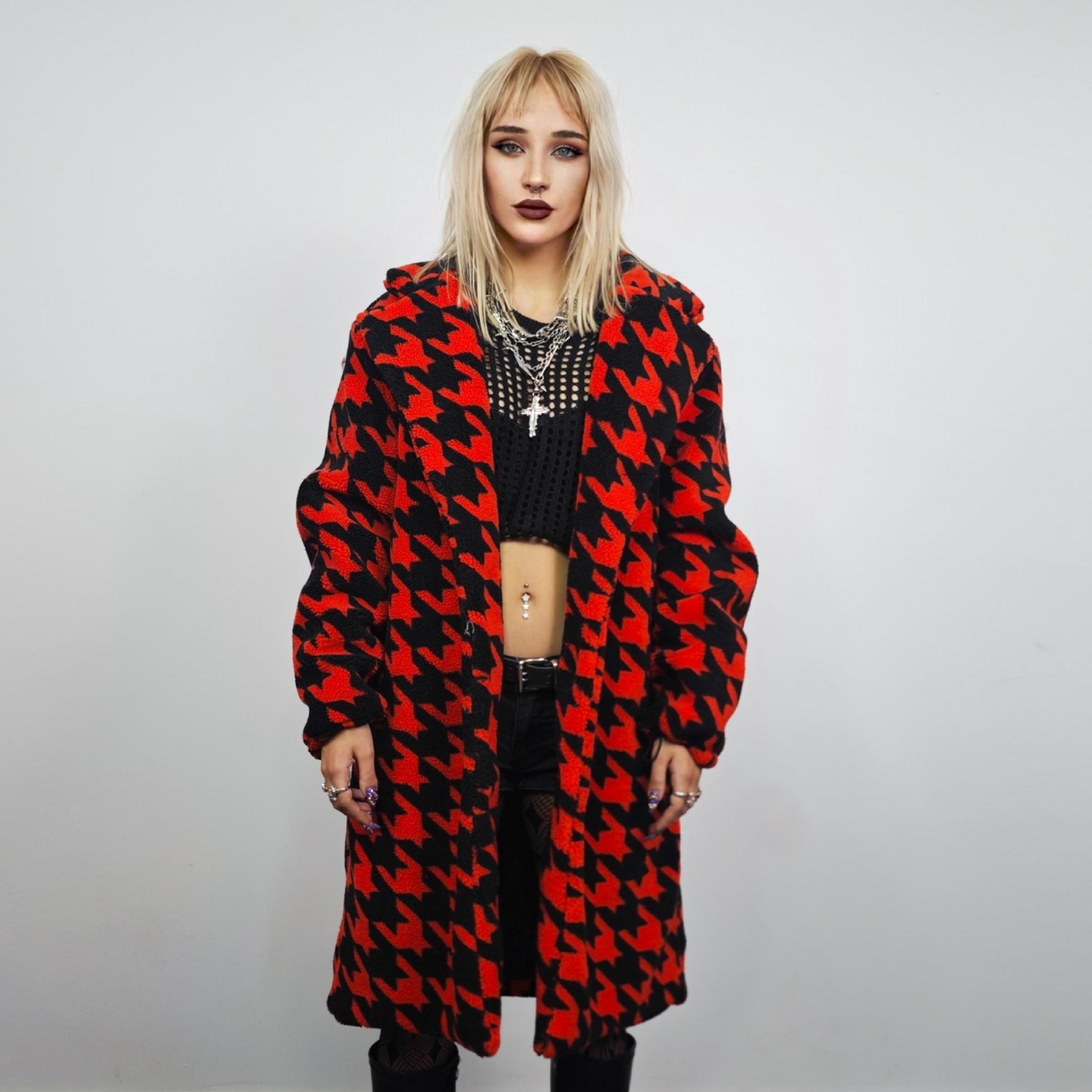 Oversized Red Black Plaid Check Trench Coat, Teddy Fleece