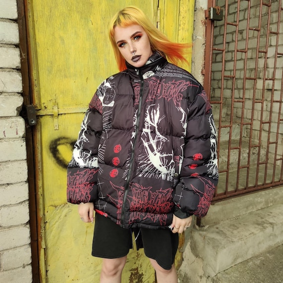 Black Anime Print Puffer Jacket, Manga Panel Bomber Coat, Japanese