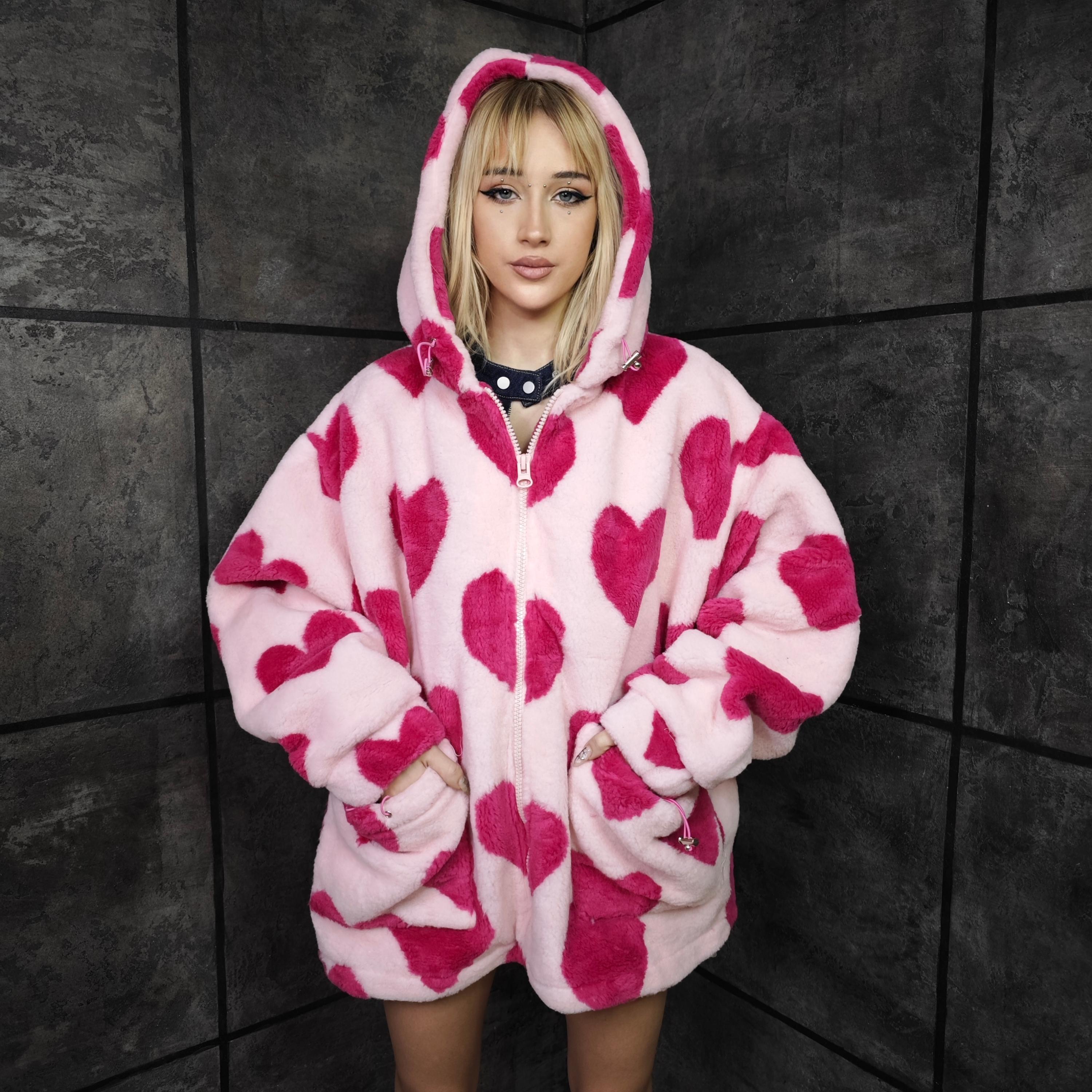 Pink Heart Fleece Jacket, Oversized Womens Hoodie, Harajuku