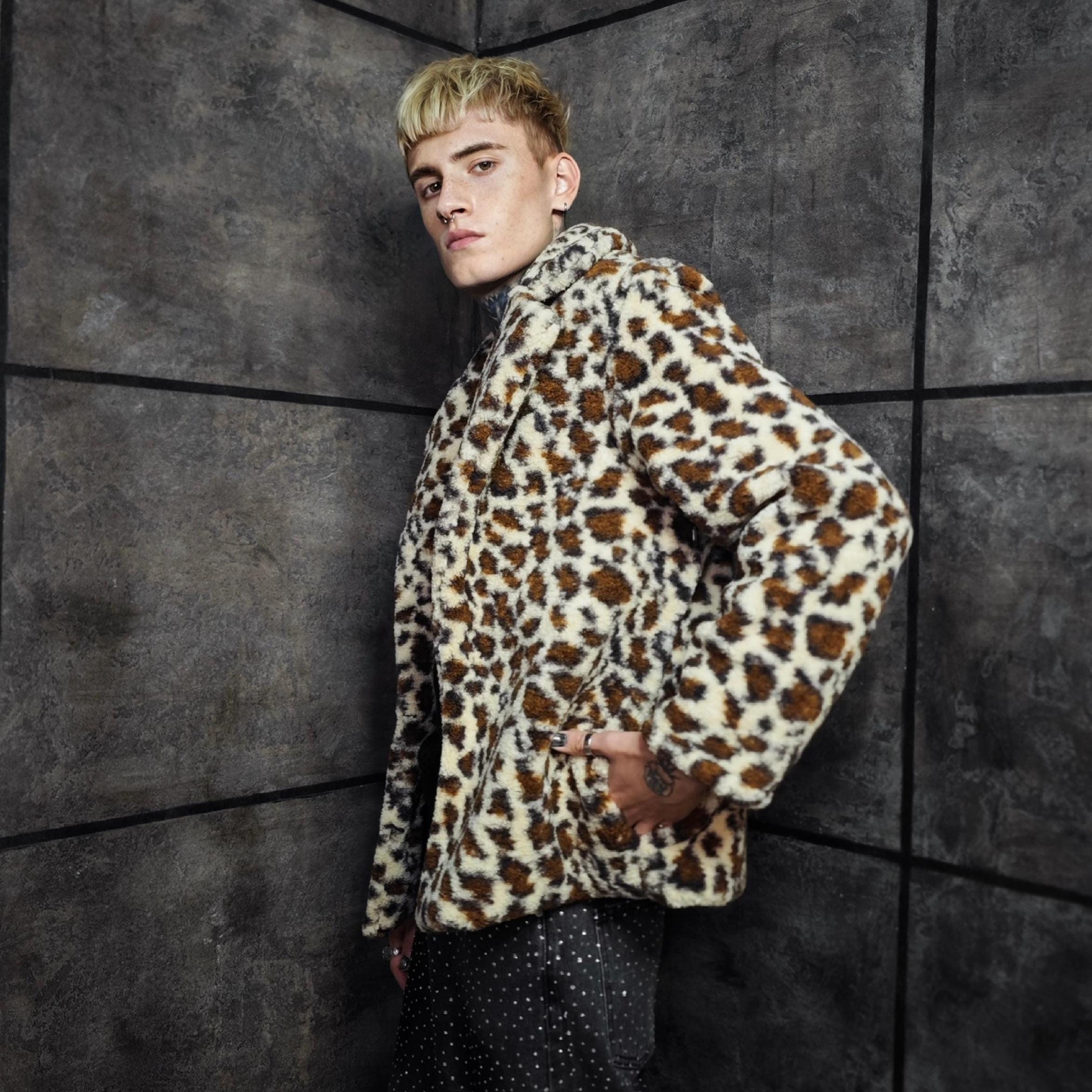 Beige Leopard Print Fleece Coat, Long Teddy Trench Jacket, Cheetah