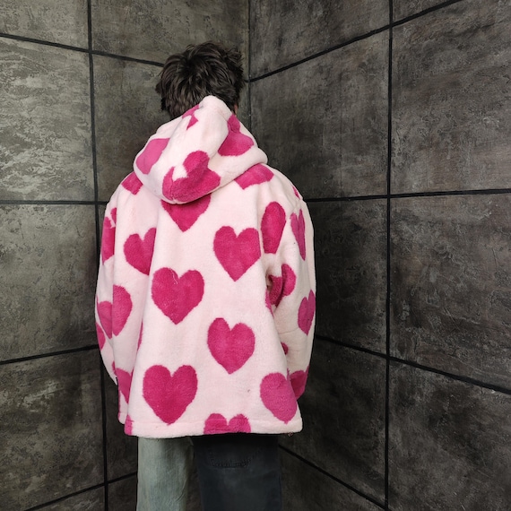 Pink Heart Fleece Jacket, Oversized Mens Hoodie, Harajuku
