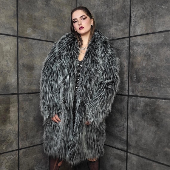 Luxury Shaggy Faux Fur Coat Black White Oversize Fuzzy Trench