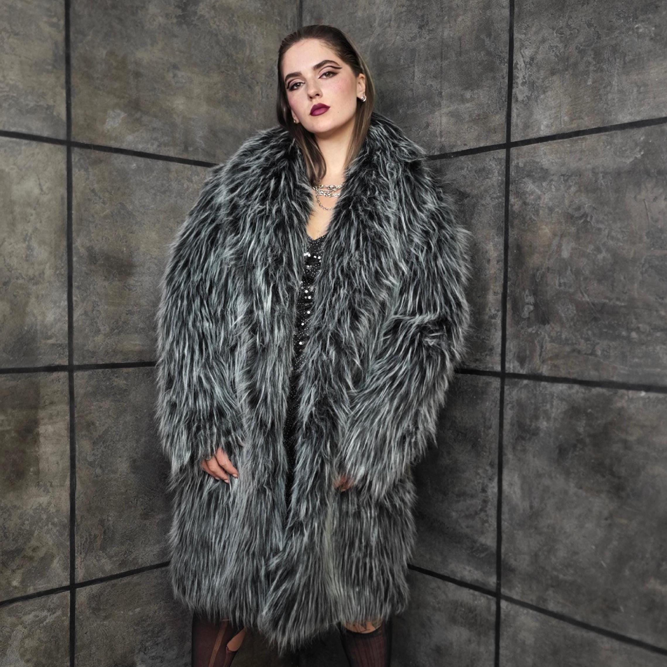 loin nuit shaggy coat ダークグレー Luxury Shaggy Faux Fur Coat Black White Oversize Fuzzy Trench