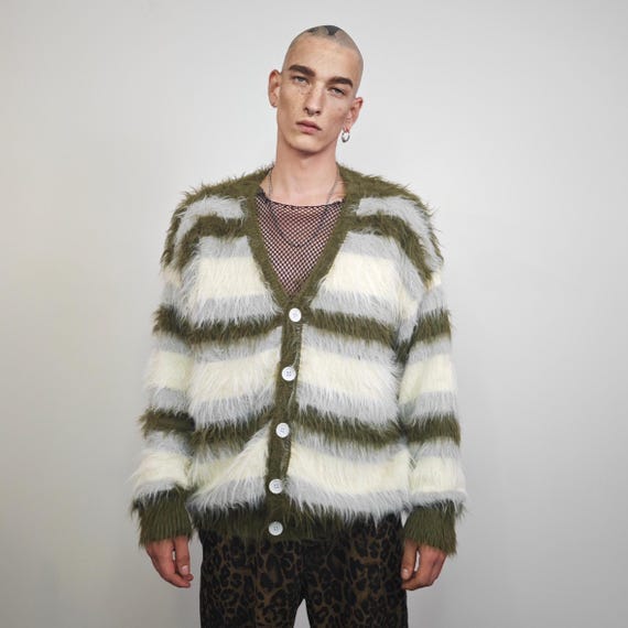 Fluffy Striped Cardigan Sweater, Green Grunge Faux Mohair Knitwear