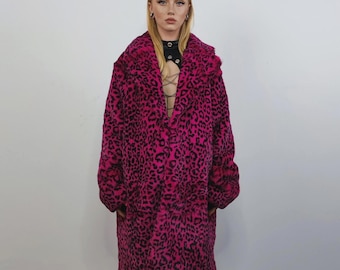 Faux fur long leopard coat pink animal print trench bright raver bomber fluffy winter cheetah fleece festival jacket Playa Burner overcoat