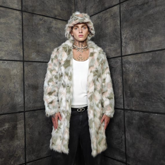 Camouflage Furry Jacket, Unisex Festival Coat, Green Pink Camo