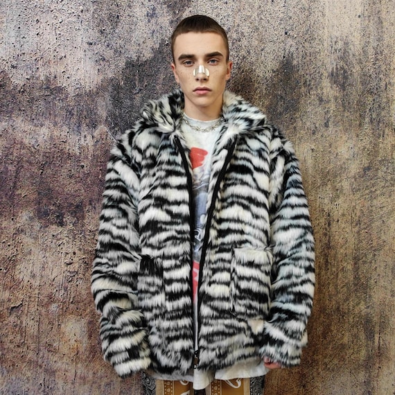 Tiger Faux Fur Jacket White Fluffy Animal Print Bomber Festival