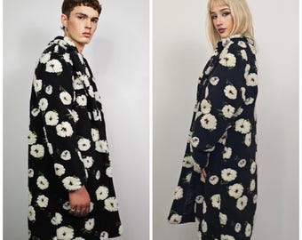 Floral Sherpa Teddy Coat: Black & White Fleece Trench - Unisex