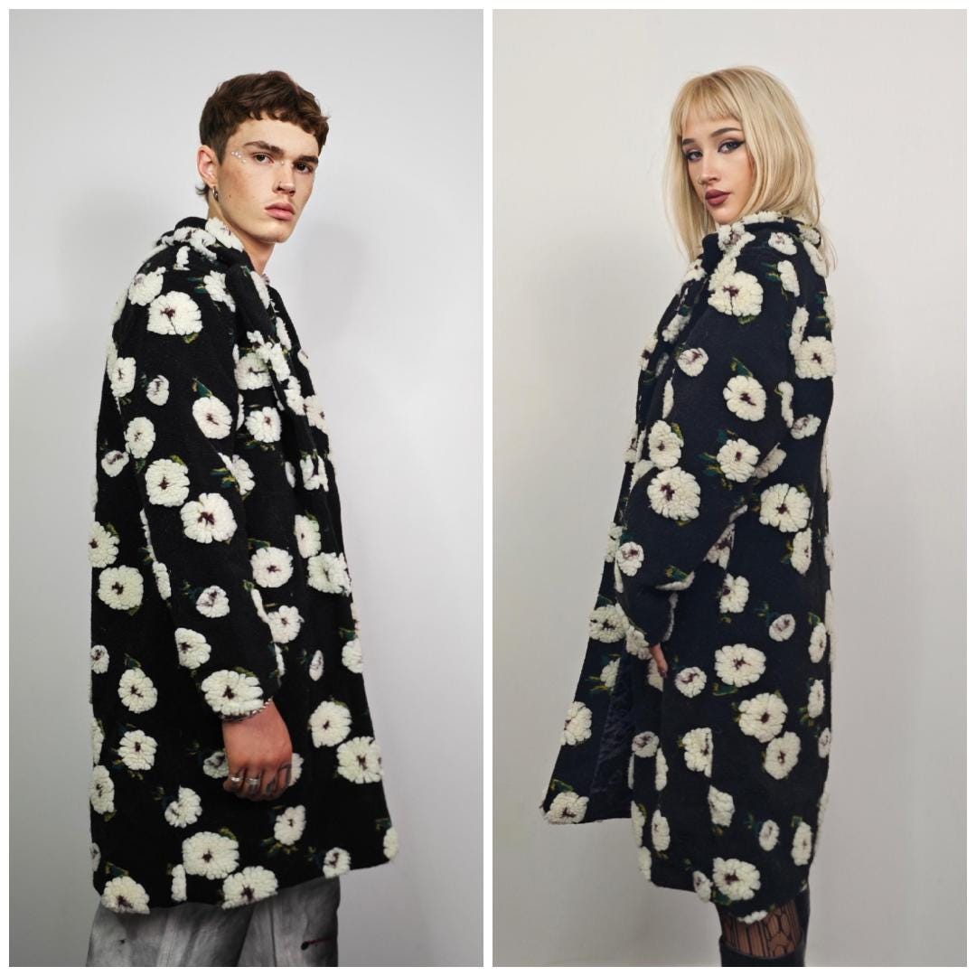 Floral Sherpa Teddy Coat: Black & White Fleece Trench - Unisex