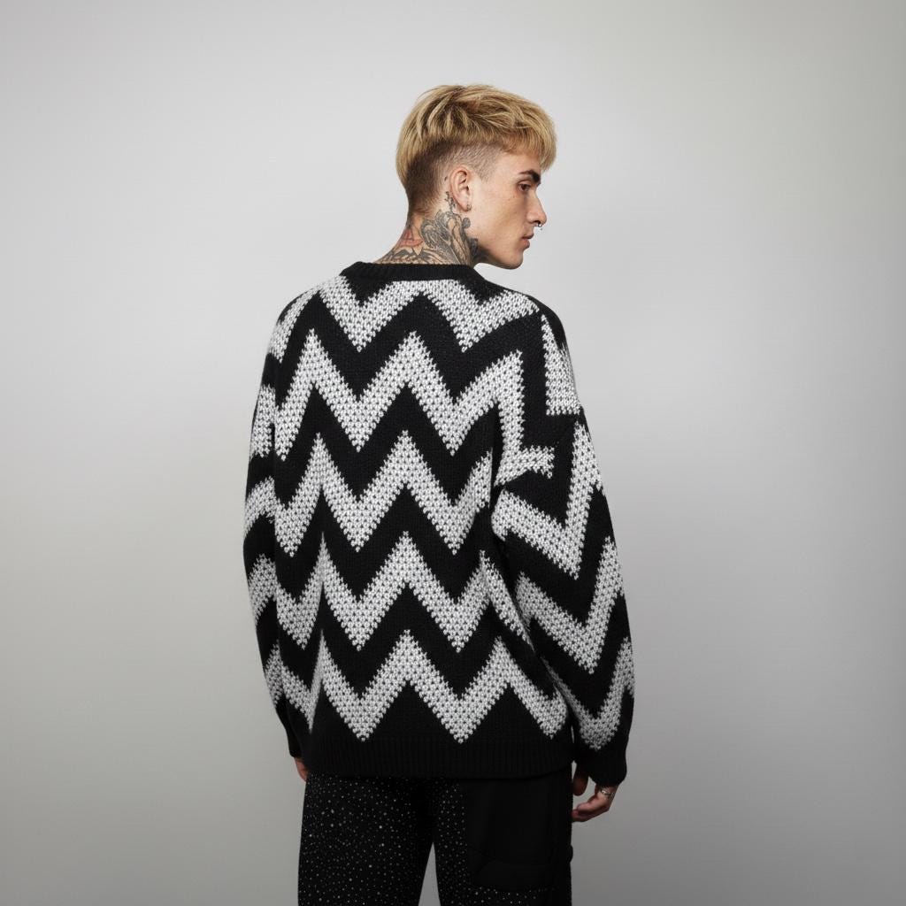 Black White Zigzag Stripe Sweater, Oversized E-girl Grunge Jumper