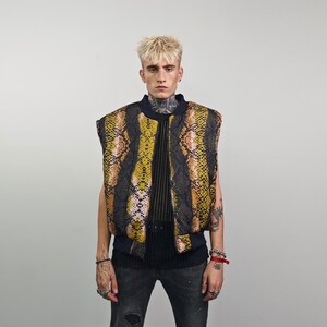 Snake print bomber brown python jacket reversible college varsity detachable sleeves handmade grunge rocker coat