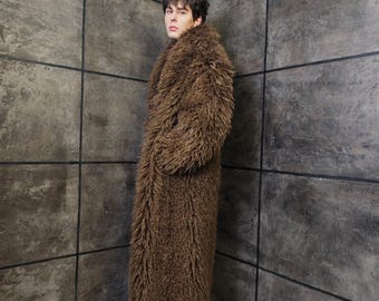 Brown Shaggy Faux Fur Jacket, Y2K Mob Wife Aesthetic Coat, Fluffy