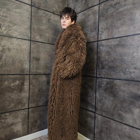 Brown Shaggy Faux Fur Duster, Floor Length Alpaca Style Yeti Coat