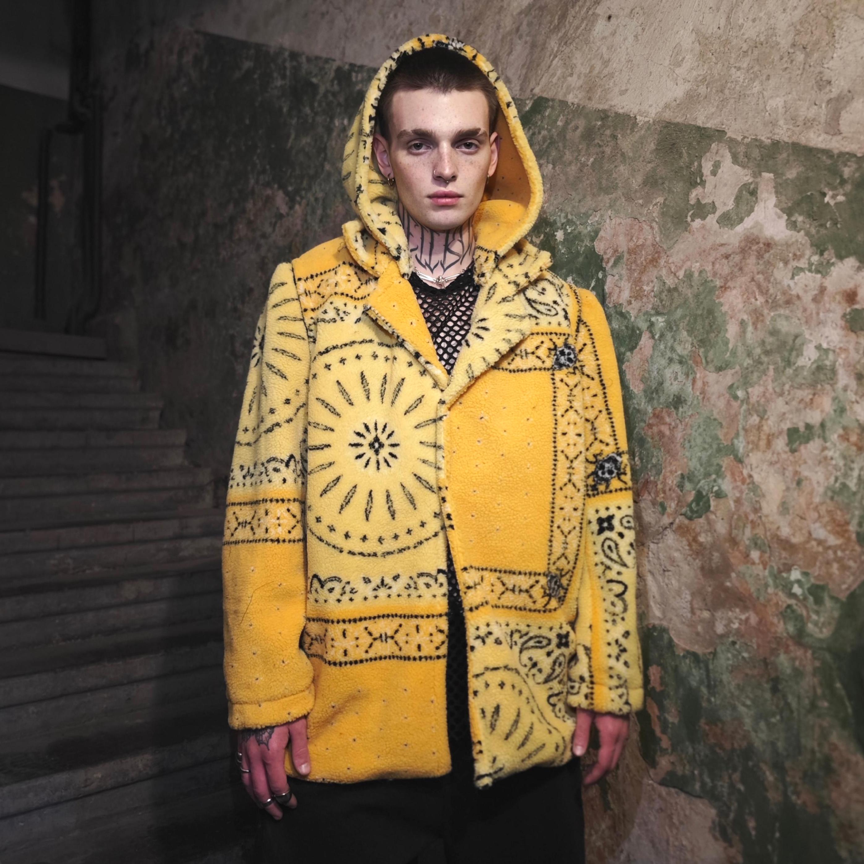 Paisley Fleece Coat Yellow Bandana Jacket Detachable Cashew Print
